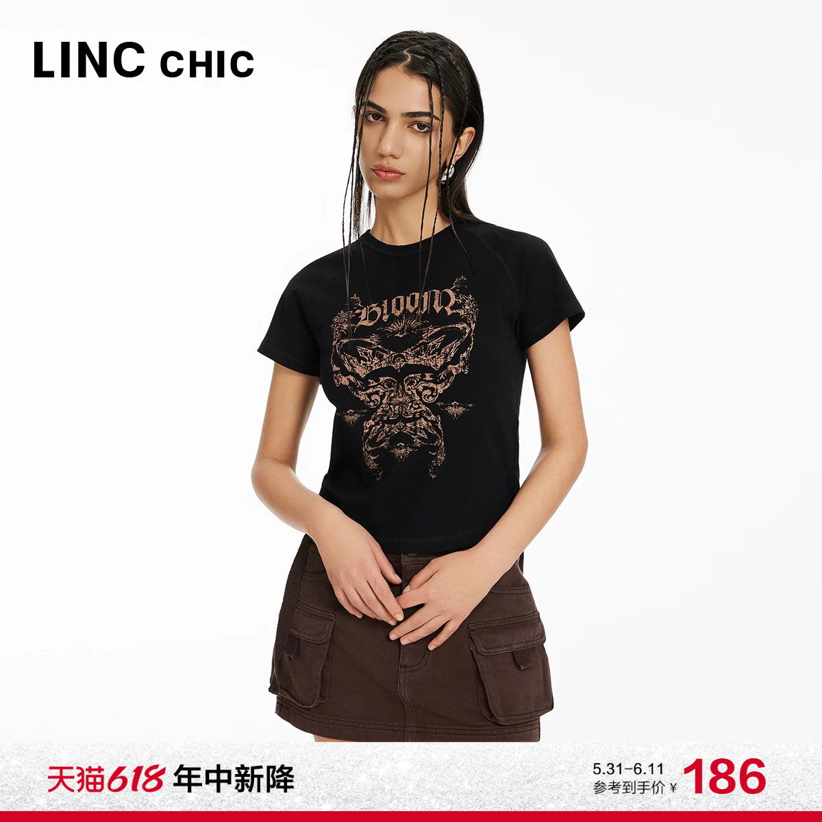 LINCCHIC金羽杰修身上衣短袖女性感插肩短袖圆领T恤女S242FK340Y