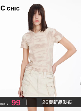 LINCCHIC金羽杰正肩短袖上衣女小圆领半袖印花T恤女S242FK360Y