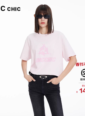 LINCCHIC金羽杰短袖上衣女圆领宽松廓形印花大T恤女S241TS034Y