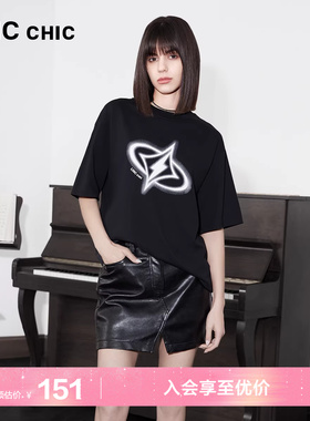 LINCCHIC金羽杰圆领短袖上衣女廓形感印花大T恤女半袖S242TS192Y