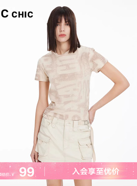 LINCCHIC金羽杰正肩短袖上衣女小圆领半袖印花T恤女S242FK360Y