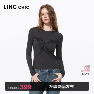 长袖 圆领印花修身 T恤女S261FK149Y 新品 LINCCHIC金羽杰2026年春季