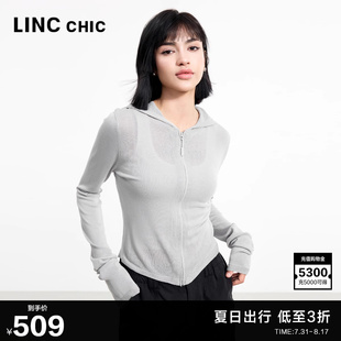 女上衣淡人 LINC金羽杰2025年夏季 轻薄防晒针织衫 修身 连帽针织开衫
