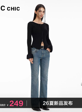 LINCCHIC金羽杰裤子女款中高腰弹力复古微喇牛仔裤女S241JE143Y