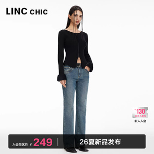 女S241JE143Y 中高腰弹力复古微喇牛仔裤 LINCCHIC金羽杰裤 子女款