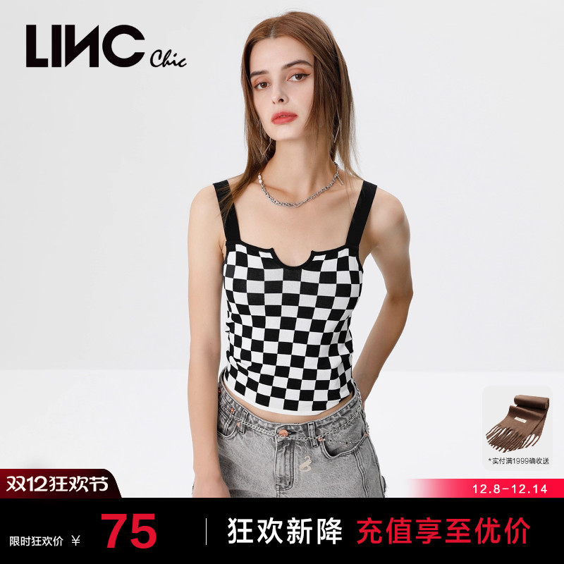 棋盘格纹针织吊带背心