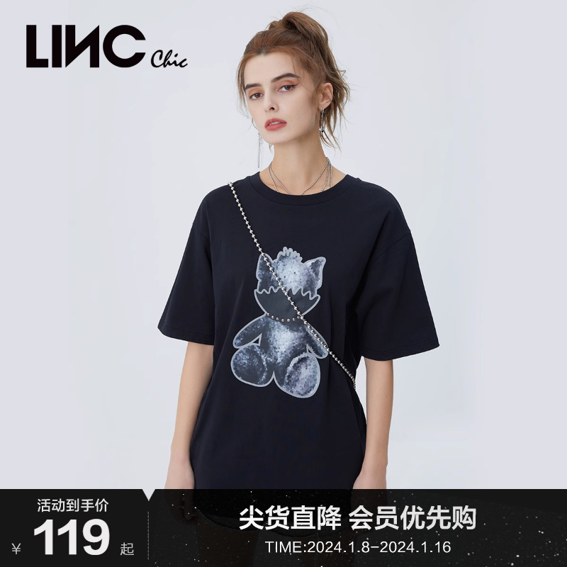 LINCCHIC金羽杰T恤女萌宠图案印花宽松圆领短袖女T恤S222TS280