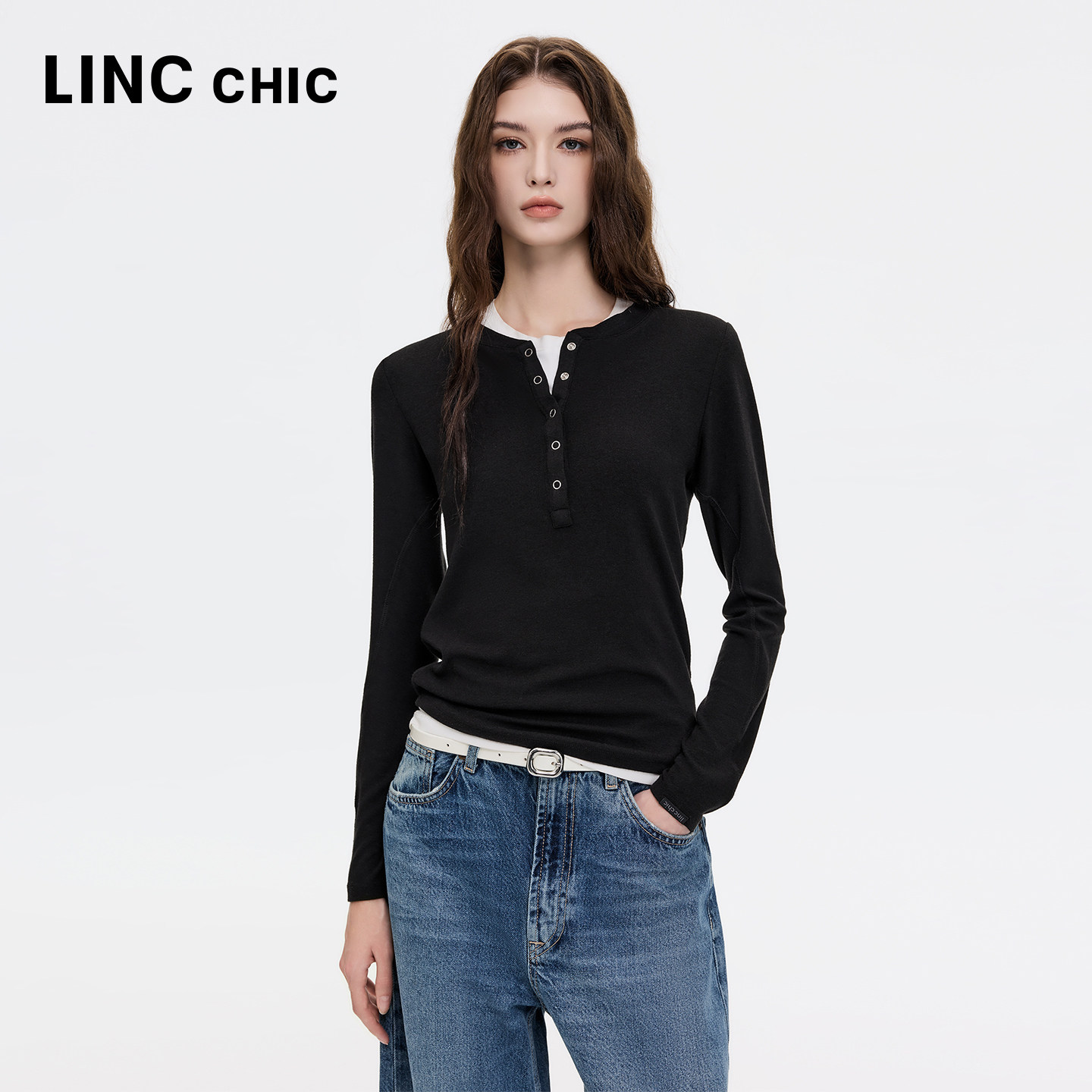 LINCCHIC金羽杰2026年秋季新品亨利领针织长袖打底衫女S263FK386Y