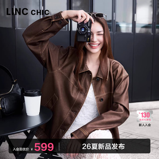 LINC金羽杰皮衣外套女春季 蛋白皮飞行员夹克外套女S251JK033Y 新款