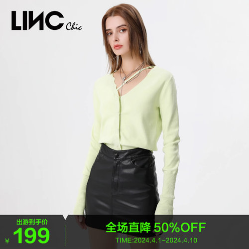 LINCCHIC金羽杰针织衫动感活力V领BM风针织开衫女上衣S221SW006