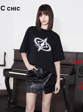 LINCCHIC金羽杰圆领短袖上衣女廓形感印花大T恤女半袖S242TS192Y