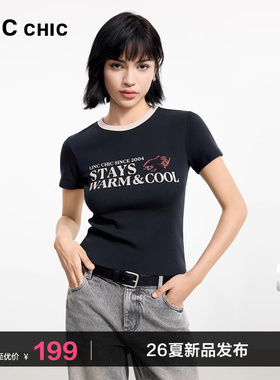 LINC金羽杰短袖女T恤新款撞色短袖上衣女怀旧感正肩T恤女内搭143Y