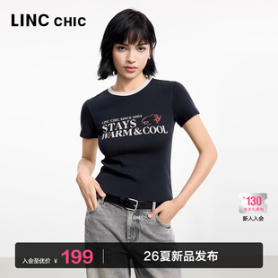 上衣女怀旧感正肩T恤女内搭143Y 撞色短袖 LINC金羽杰短袖 女T恤新款