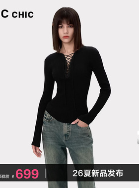LINCCHIC金羽杰针织打底衫女修身内搭绑带v领针织衫女上衣SW532