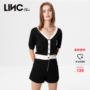 LINCCHIC金羽杰短袖针织衫复古学院风V领针织开衫上衣女夏款SW583