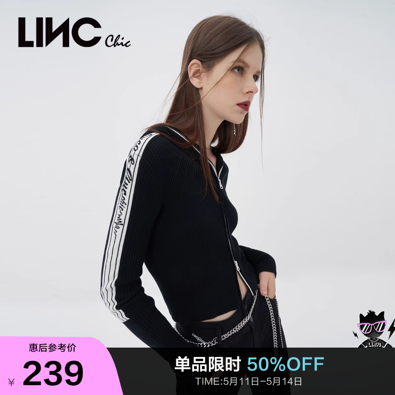 LINCCHIC金羽杰针织衫潮酷机能短款连帽针织开衫外套女S223SW693