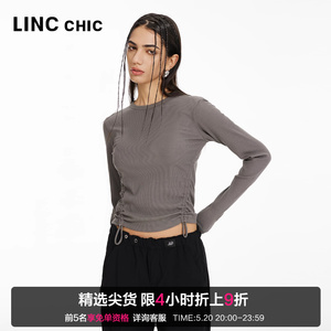 LINCCHIC金羽杰2024年春季新品性感抽褶圆领修身长袖T恤女FK091Y