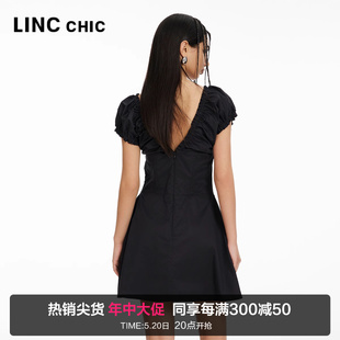 新品 LINCCHIC金羽杰2024年夏季 深V领收腰连衣裙女S242DR411Y