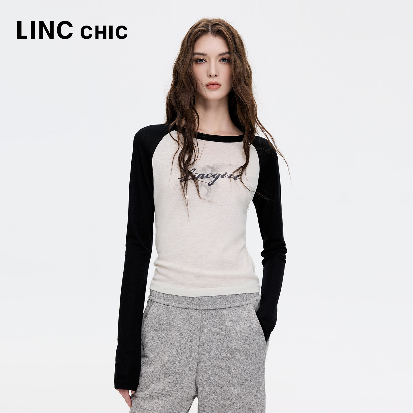 LINCCHIC金羽杰2026年秋季新品松软羊毛印花长袖T恤女S263TS401Y