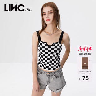 LINCCHIC金羽杰U领针织吊带棋盘格纹吊带背心女上衣S222SW629