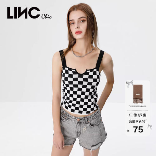 棋盘格纹针织吊带背心