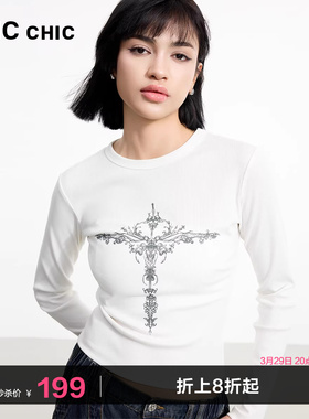 LINC金羽杰打底衫女春新款圆领印花修身长袖T恤女内搭上衣FK077YY