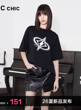 LINCCHIC金羽杰圆领短袖上衣女廓形感印花大T恤女半袖S242TS192Y