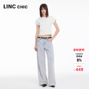 LINCCHIC金羽杰牛仔裤子女款高腰阔腿裤烫钻直筒牛仔裤女JE134Y