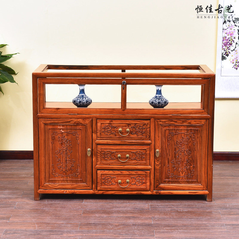 全实木明清仿古中式红木古典南榆木家具雕花珠宝柜展示柜玻璃柜