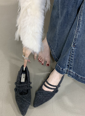 阿哩晴人内增高尖头毛呢玛丽珍鞋女灰色多条带浅口单鞋Q69-77A