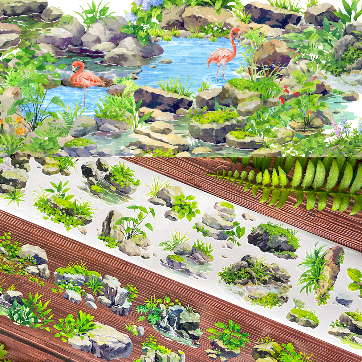 新款造景现货石径幽幽石头切模卷NEW手帐和纸胶带PET风景建筑贴纸