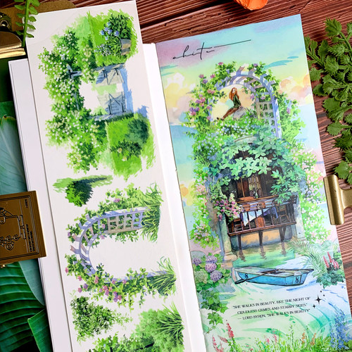 新款造景现货NEW手帐和纸胶带PET风景房子树云朵文字建筑贴纸山水
