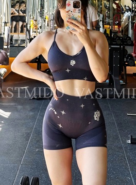 Darcsport狼头健身短裤 牛仔水洗星星女夏季蜜桃臀运动欧美三分裤