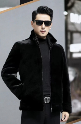 2025新款水貂毛皮草男冬皮毛一体貂皮大衣短款立领黑色整貂绒外套