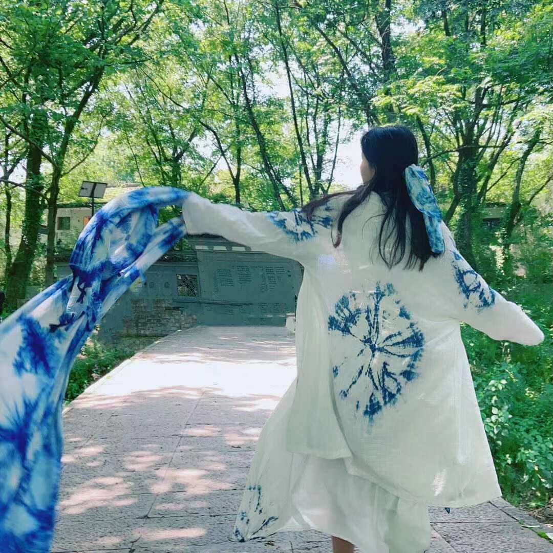 一澈原创设计手工植物蓝染扎染文艺防晒飘逸仙女袍子开衫改良汉服