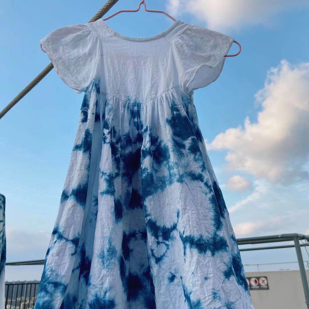 一澈扎染手工植物蓝染棉麻飞袖儿童婴幼儿防过敏扎染公主裙连衣裙