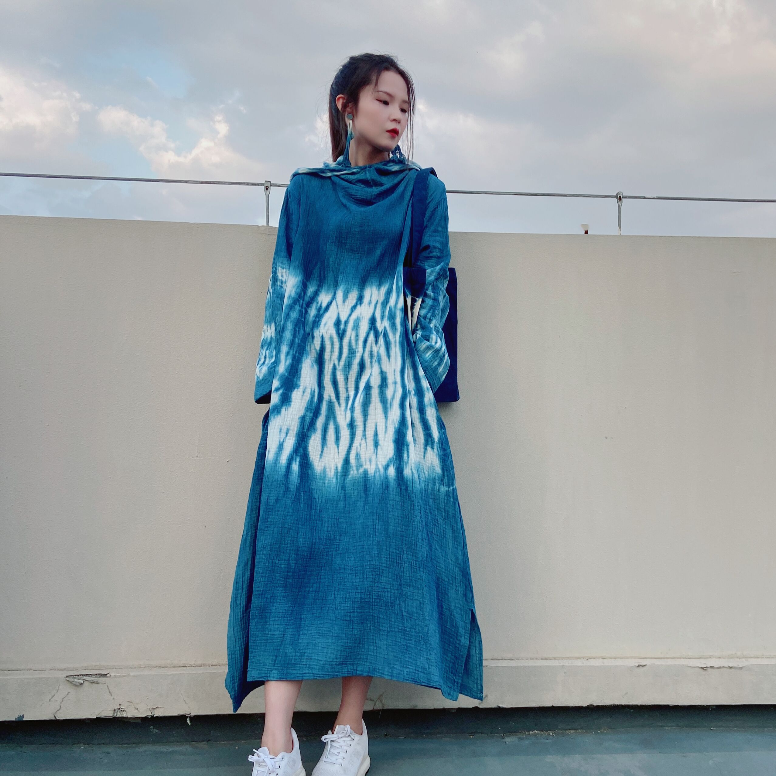 文艺长裙纯棉条纹扎染原创设计