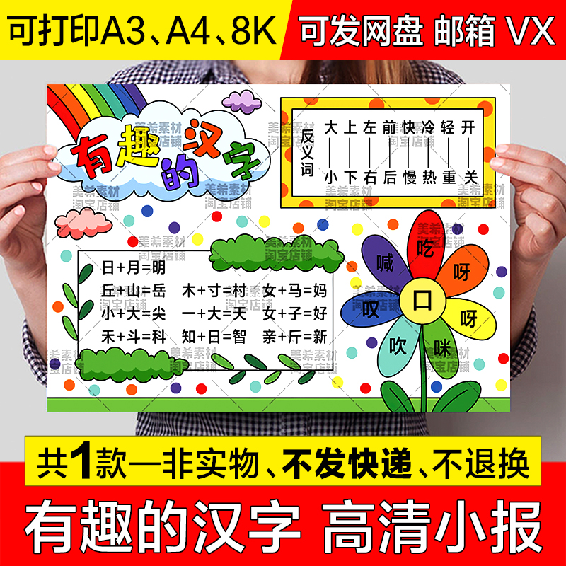 有趣的汉字手抄报电子版小学生一二年级生字开花语文识字小报模板