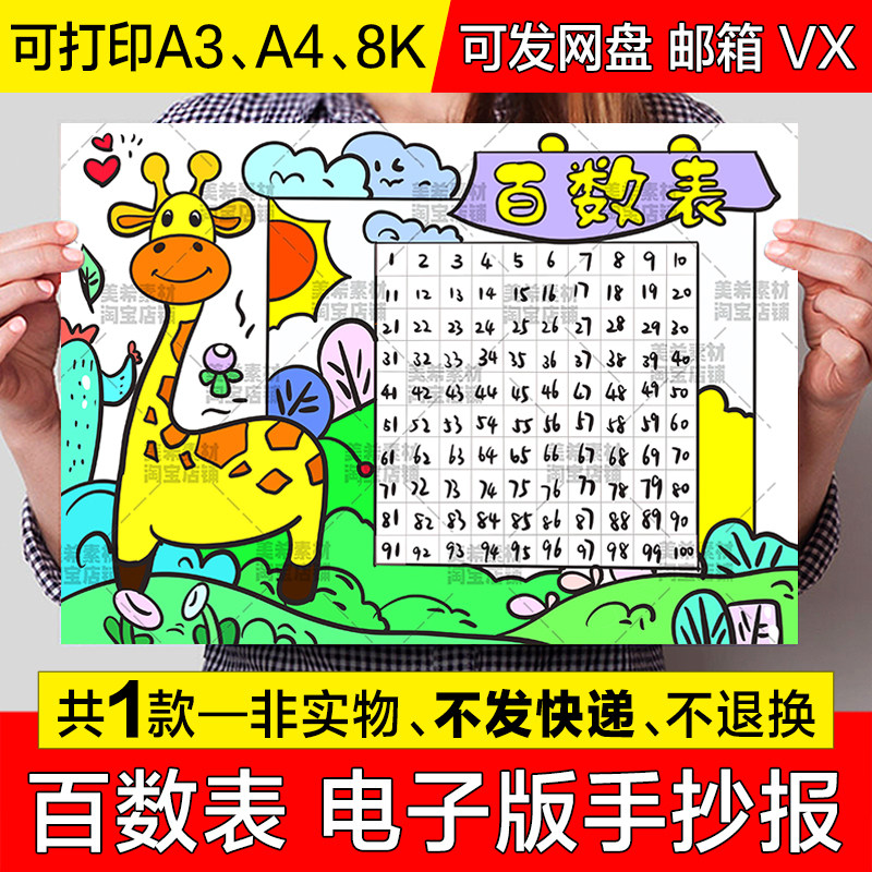 百数表儿童画手抄报模版趣味数学百位数字图知识涂色电子小报模板