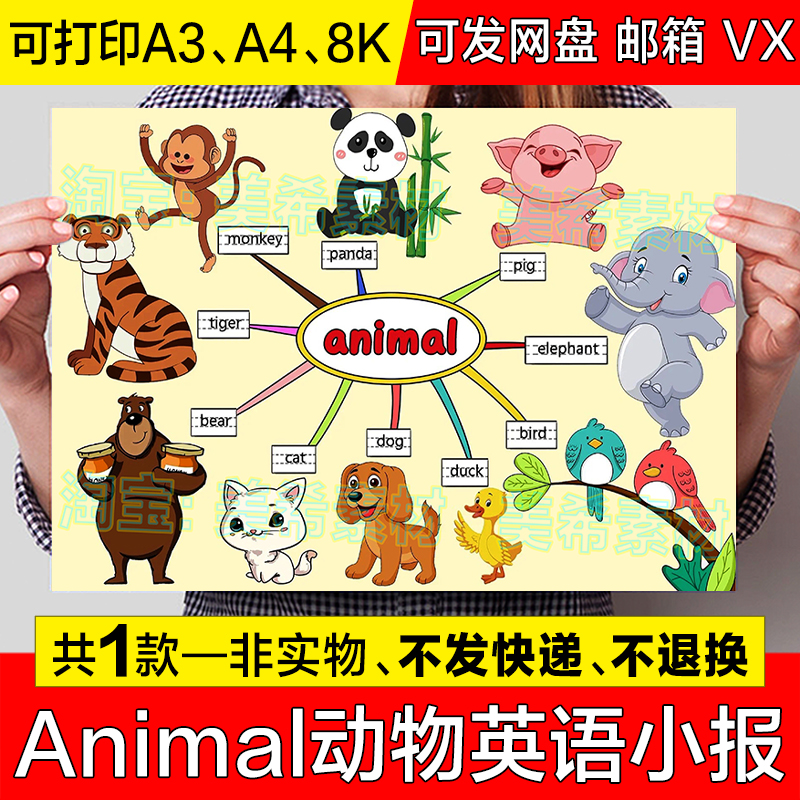 animal英语思维导图手抄报模板电子版小学生三年级动物英文小报a4