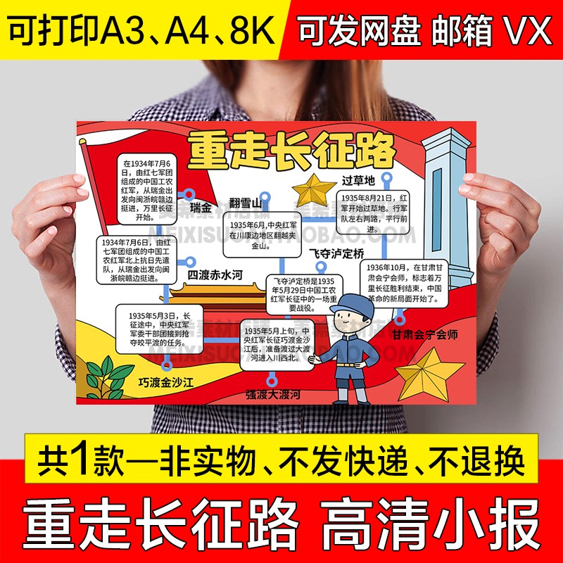 重走长征路手抄报长征路线图长征思维导图电子小报a4线稿a3模板8k