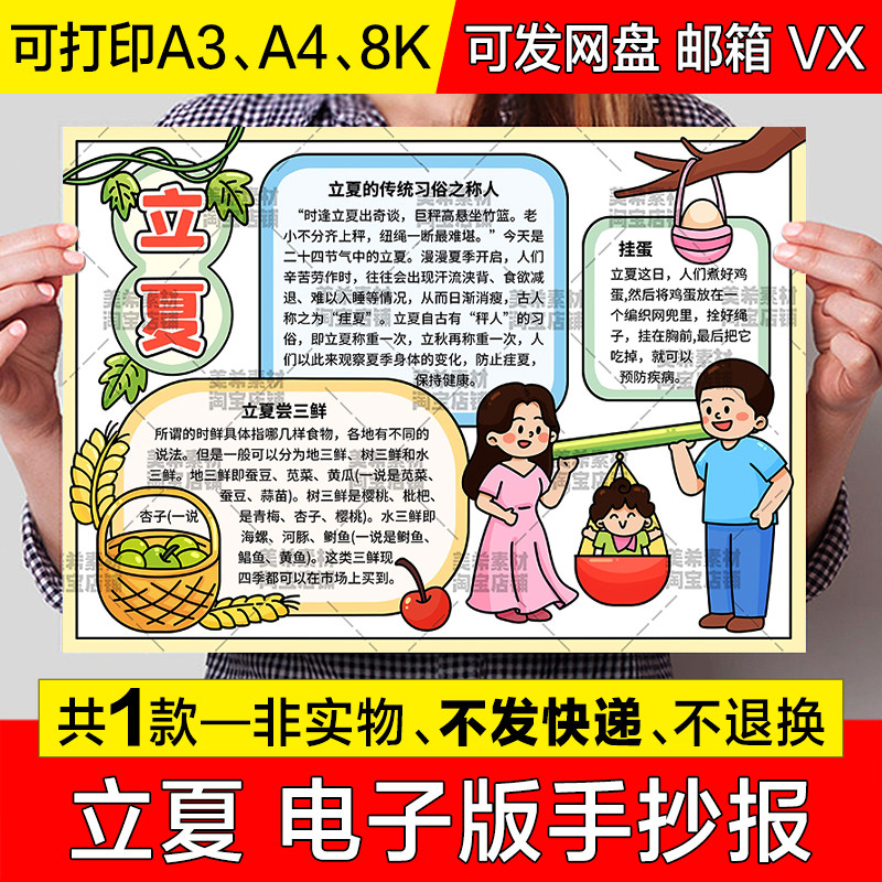 立夏节气手抄报小学生二十四节气传统节日习俗电子版小报线稿模板