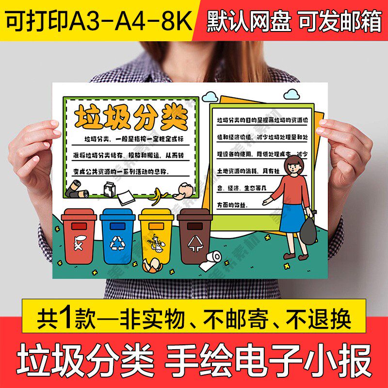 垃圾分类电子小报学生绿色环保成品手抄报a4线稿a3模板8k素材线描