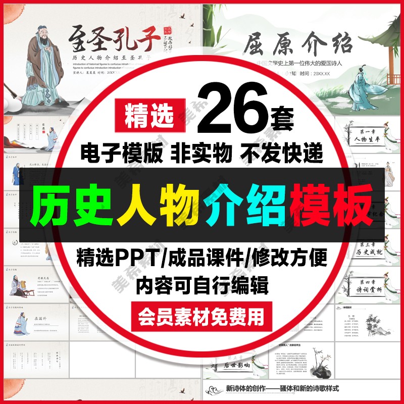 历史人物介绍ppt模板孙中山孔子李鸿章屈原数学家介绍成品ppt课件