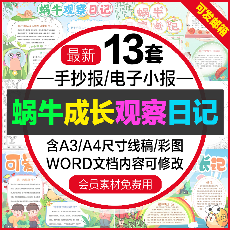 蜗牛成长观察记录日记电子小报模版 中小学生线稿手抄报a4素材a3