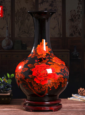 景德镇陶瓷花瓶高档水晶釉黑底瓷器现代新中式家居客厅工艺品摆件