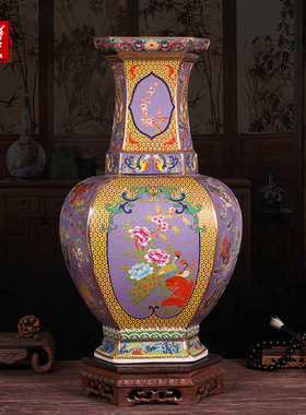 六方珐琅彩瓷器花鸟瓶景德镇陶瓷落地大花瓶客厅摆件工艺品青花瓷
