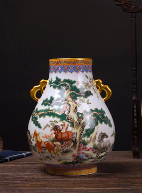 陶瓷粉彩描金福筒百鹿尊景德镇中式瓷器家居摆件客厅装饰工艺品