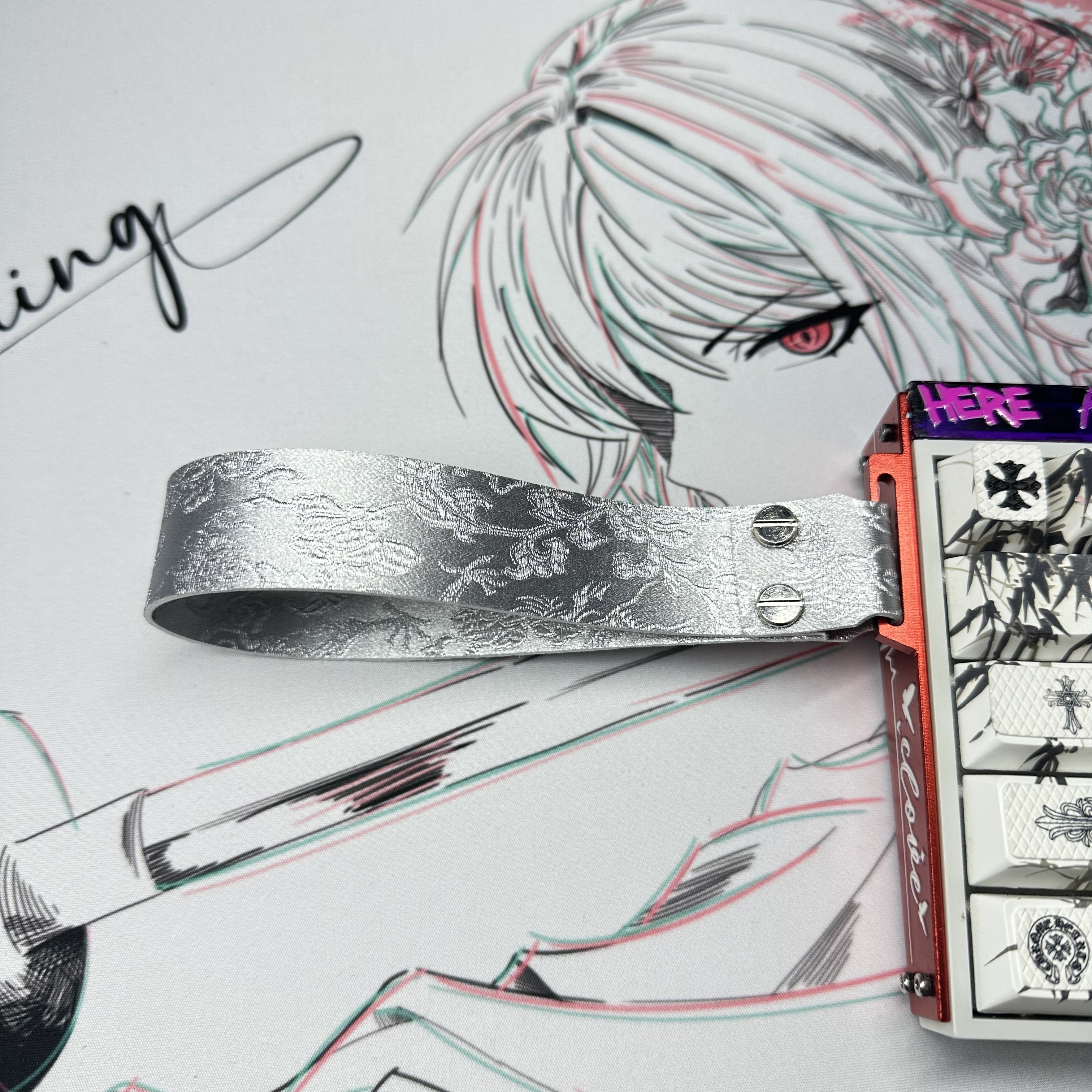 国潮双层客制化wooting通用键盘飘带挂件超纤皮ATK68键盘挂绳卡扣