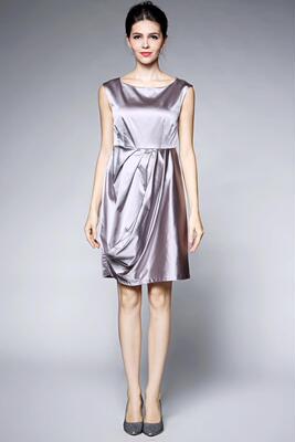 0.8折特价银灰色精致剪裁重工光泽收腰连衣裙无袖礼服裙msfe玛家2